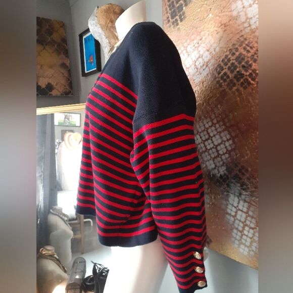 Massimo Dutti Cotton Blend Navy and Red Striped Sweater - Picture 4 of 13